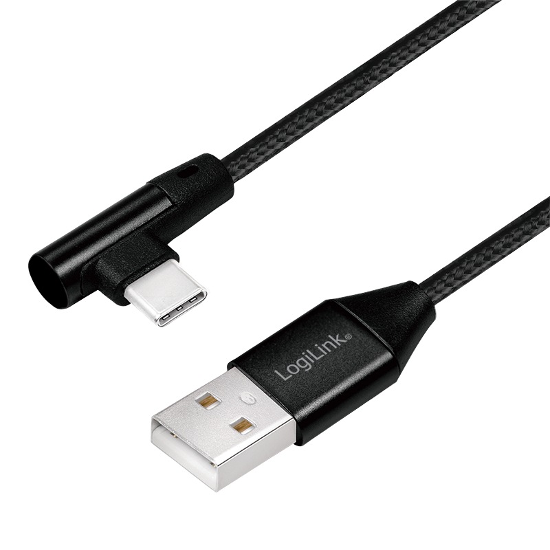 CABLU alimentare si date LOGILINK, pt. smartphone, USB 2.0 (T) la USB 2.0 Type-C (T) la 90 grade, 0.3m, premium, cablu cu impletire din bumbac, negru, "CU0137" (timbru verde 0.08 lei)