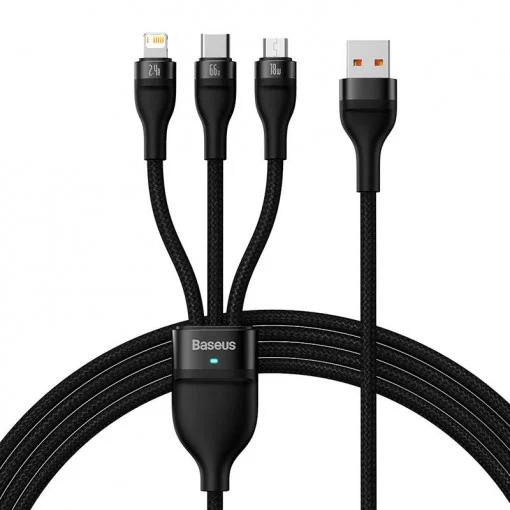 CABLU alimentare si date Baseus Flash, One-for-three Retractable, pt smartphone,USB la Micro-USB+Lightning + USB Type-C 66W, 1.2m, negru "CASS040001" (timbru verde 0.18 lei) - 6932172618100
