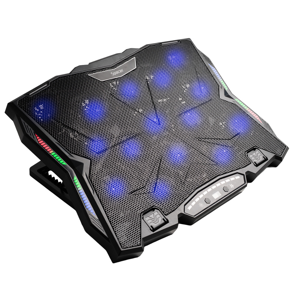STAND SPACER notebook 17" Gaming, sita metal, 15x6cm LED fans,6 trepte turatie Max 2200RPM, 8 trepte inaltime,RGB 10 moduri, suport telefon,Airflow 180cfm, 1xUSB, 1xTYPE-C, black, Nivel zgomot 28dBA, "SPNS-Gaming-15F" (timbru verde 0.8 lei)
