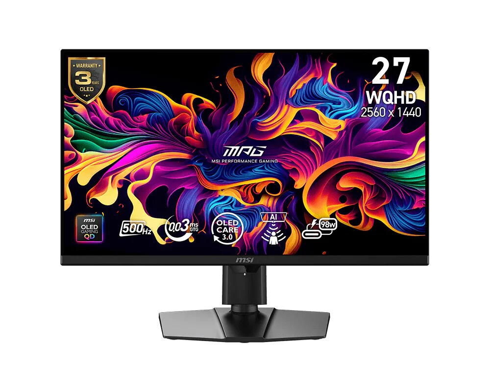 Monitor MSI MPG 271QR QD-OLED X50, 26.5", QD-OLED, WQHD, 2560x1440, HDMI, DisplayPort, 98W PD, AMD FreeSync Premium Pro, Pivot, 500Hz 0.03ms, Negru "MPG 271QR QD-OLED X50" (timbru verde 7 lei)