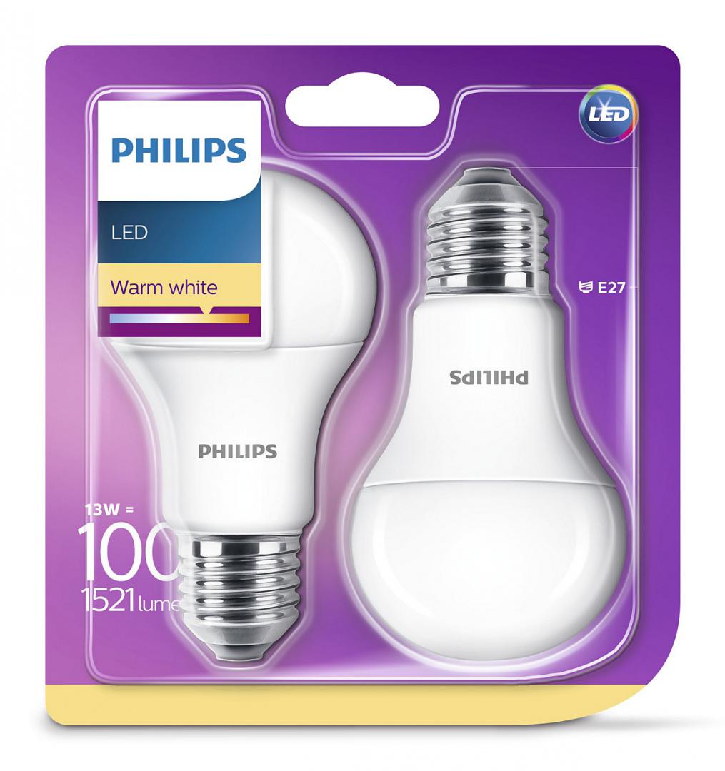 SET 2 becuri LED Philips, soclu E27, putere 13W, forma clasic, lumina alb calda, alimentare 220 - 240 V, "000008718696586099" (timbru verde 0.9 lei)