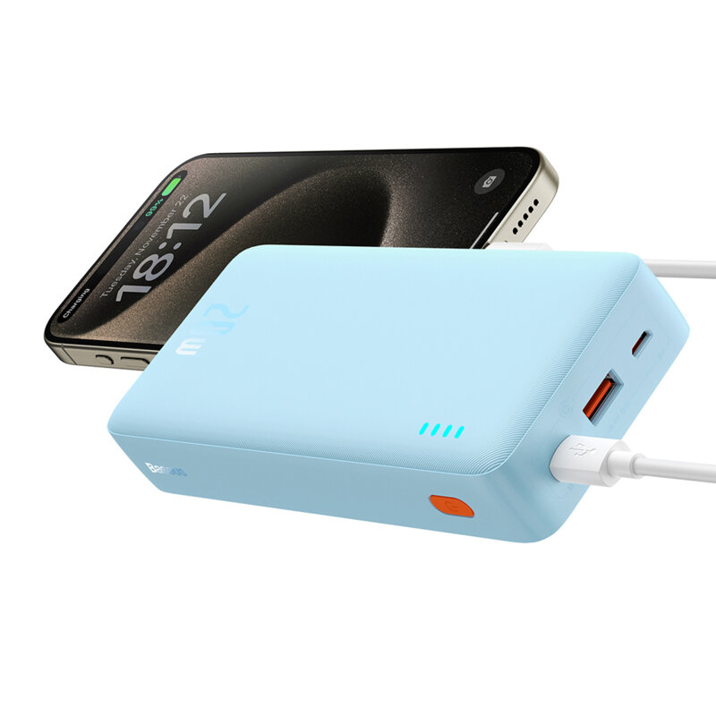 POWER BANK Baseus Airpow, 20000mAh, 20W, 1 x USB; 1 x USB Type-C input/output, total 3A, include cablu USB la USB Type-C de 50cm, albastru, "P10022804313-00" (timbru verde 0.98 lei) - 6932172648695