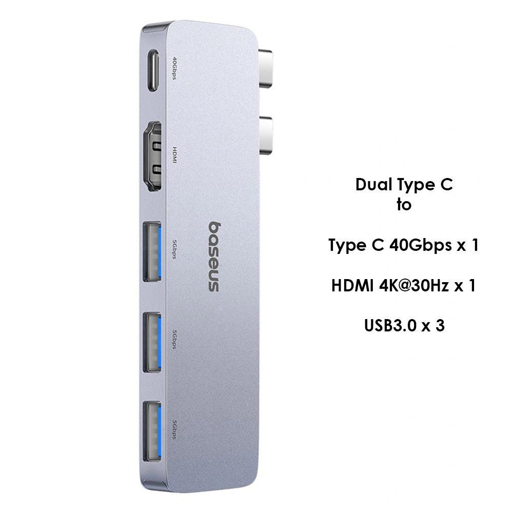 DOCKING STATION Baseus UltraJoy 5 in 1, conectare PC USB Type-C x 2, USB 3.0 x 3, USB Type C x 1, HDMI x 1/4K/30Hz, gri "B00052801811-04" (timbru verde 0.18 lei) - 6932172657727