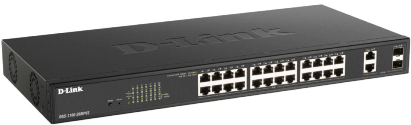 SWITCH D-LINK POE SMART, 24 porturi RJ-45 Gigabit + 2 Combo GE/SFP, POE max 370W, carcasa metalica, "DGS-1100-26MPV2" (timbru verde 2 lei)