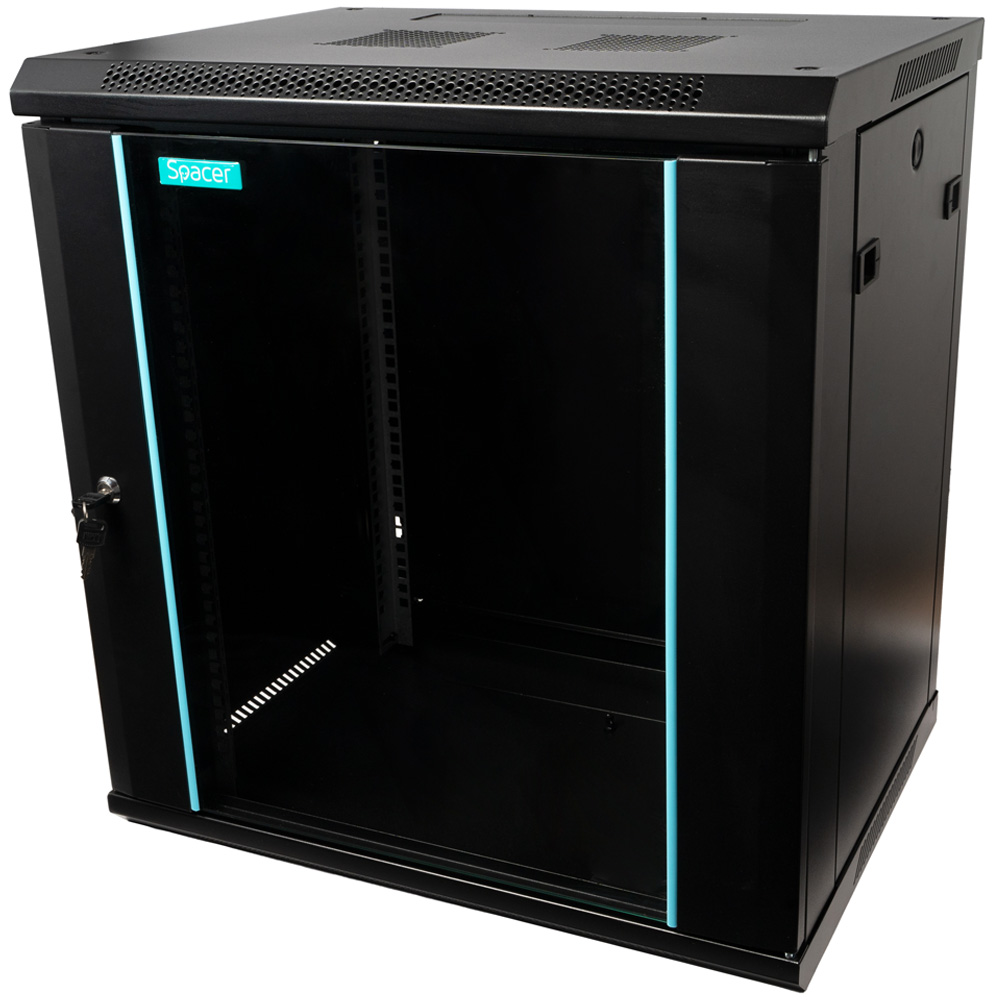 CABINET 19" SPACER 12U 600x450mm, fixare pe perete, Flatpack (dezasamblat), Black, usa sticla cu blocare, panouri detasabile, otel 1.5mm, sarcina maxima 60Kg, "SPCW-12U-450-BK-03"