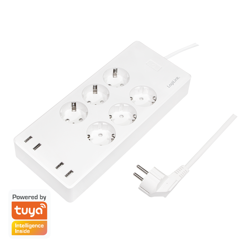 PRELUNGITOR LOGILINK, Schuko x 6, conectare prin Schuko (T), Wi-Fi, 10 A, 4xUSB-A, compatibil Tuya, cablu 1.8m, protectie IP20, supracurent, supratensiune, supraincalzire, scurtcircuit, alb, "SH0105" (timbru verde 0.8 lei)
