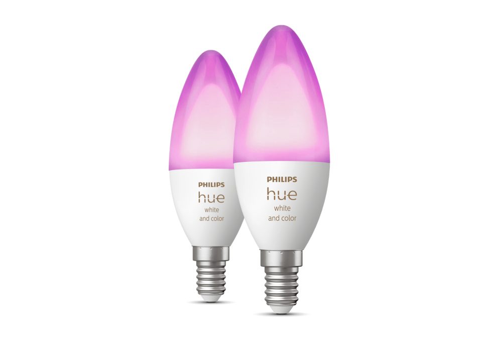 SET 2 becuri smart LED Philips, soclu E14, putere 4W, forma lumanare, lumina alb, multicolora, alimentare 220 - 240 V, "000008719514356719" (timbru verde 0.9 lei)