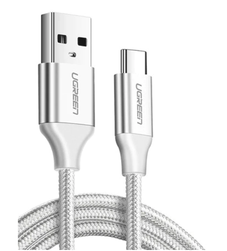 CABLU alimentare si date Ugreen, "US288", Fast Charging Data Cable pt. smartphone, USB la USB Type-C 3A, nickel plating, braided, 1m, alb "60131" (timbru verde 0.08 lei) - 6957303861316