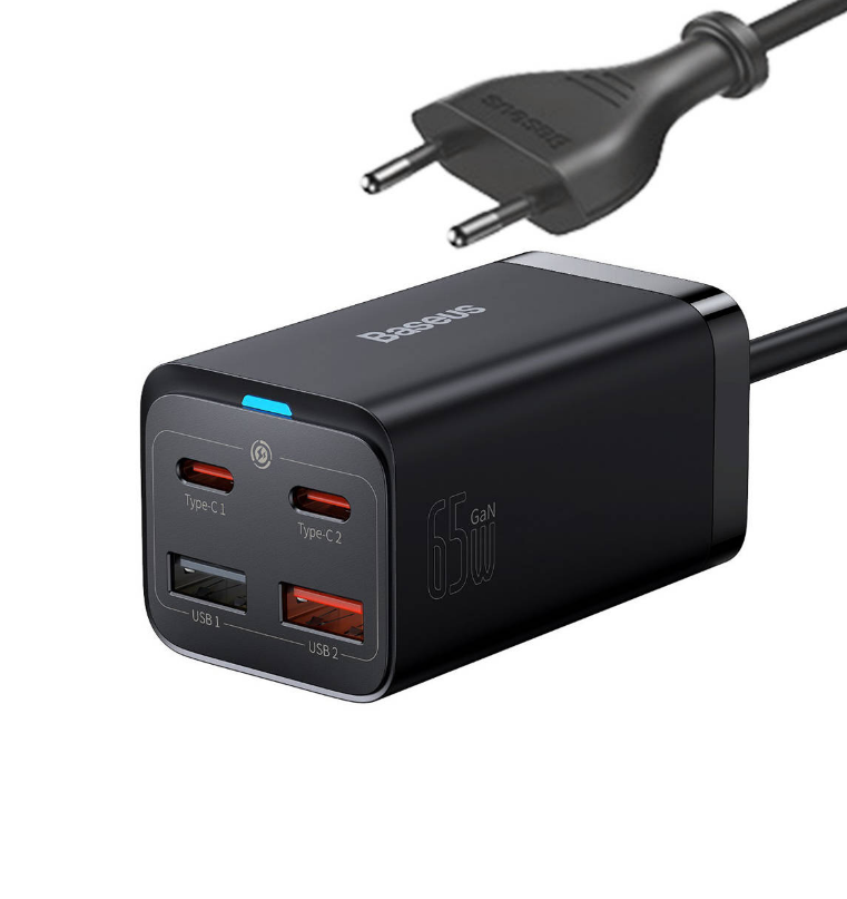 INCARCATOR retea Baseus GaN3 Pro, Quick Charge 65W, 2 x USB, 2 x USB Type-C, include cablu USB Type-C la USB Type-C 100W 1m, negru "CCGP040101" (timbru verde 0.18 lei) - 6932172600334
