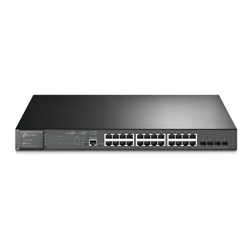 Switch TP-Link cu management L2, 24 Porturi Gigabit POE+, 4× Gigabit SFP Slots, 1× RJ45 Console Port, 1× Micro-USB Console Port "SG3428MP" (timbru verde 2 lei)