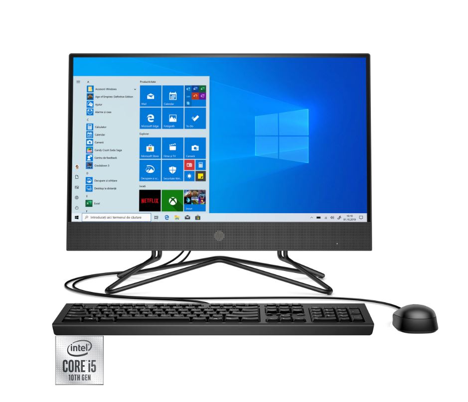 DESKTOP HP, "200 G4" All-in-one, 21.5 inch, CPU i5-10210U, Intel UHD Graphics 630, memorie 8 GB, SSD 256 GB, unitate optica, tastatura si mouse, Windows 10 Pro, "2Z362EA" (timbru verde 10 lei)