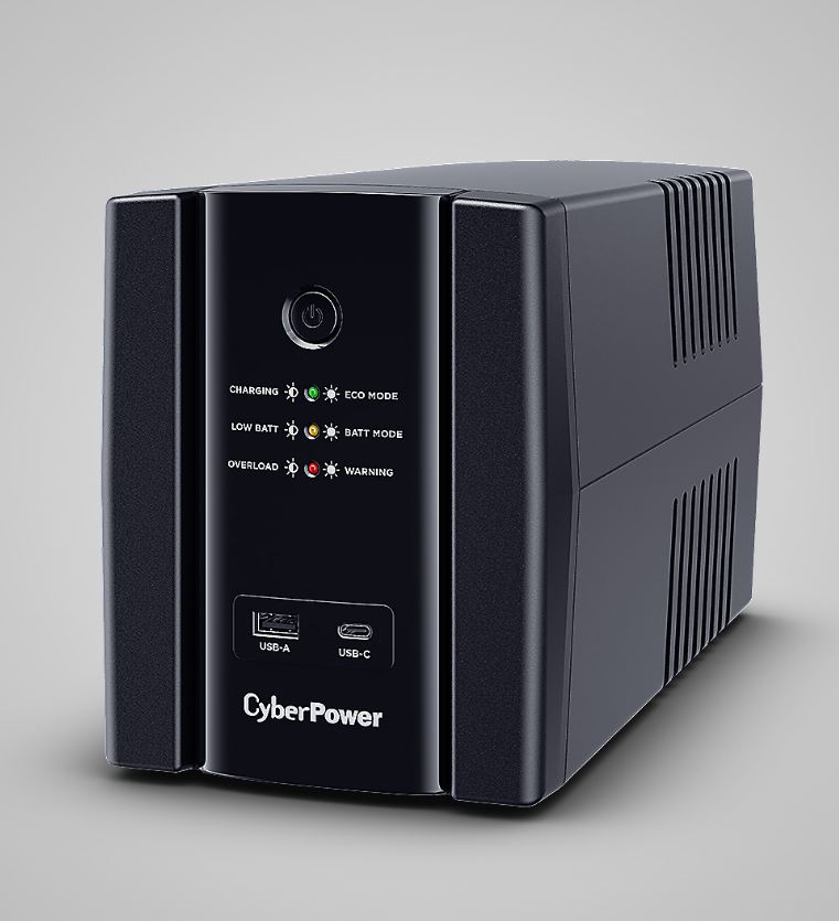 UPS CYBER POWER Line Int. cu sin. simulata, cu management, Tower, LED, 1500VA/900W, AVR, 4x Schuko, baterie 2x 12V/7Ah, incarcare pana la 8h, USB, incarcare USB-A/USB-C, 2x RJ45, tehn. GreenPower, "UT1500EG" (timbru verde 11 lei)