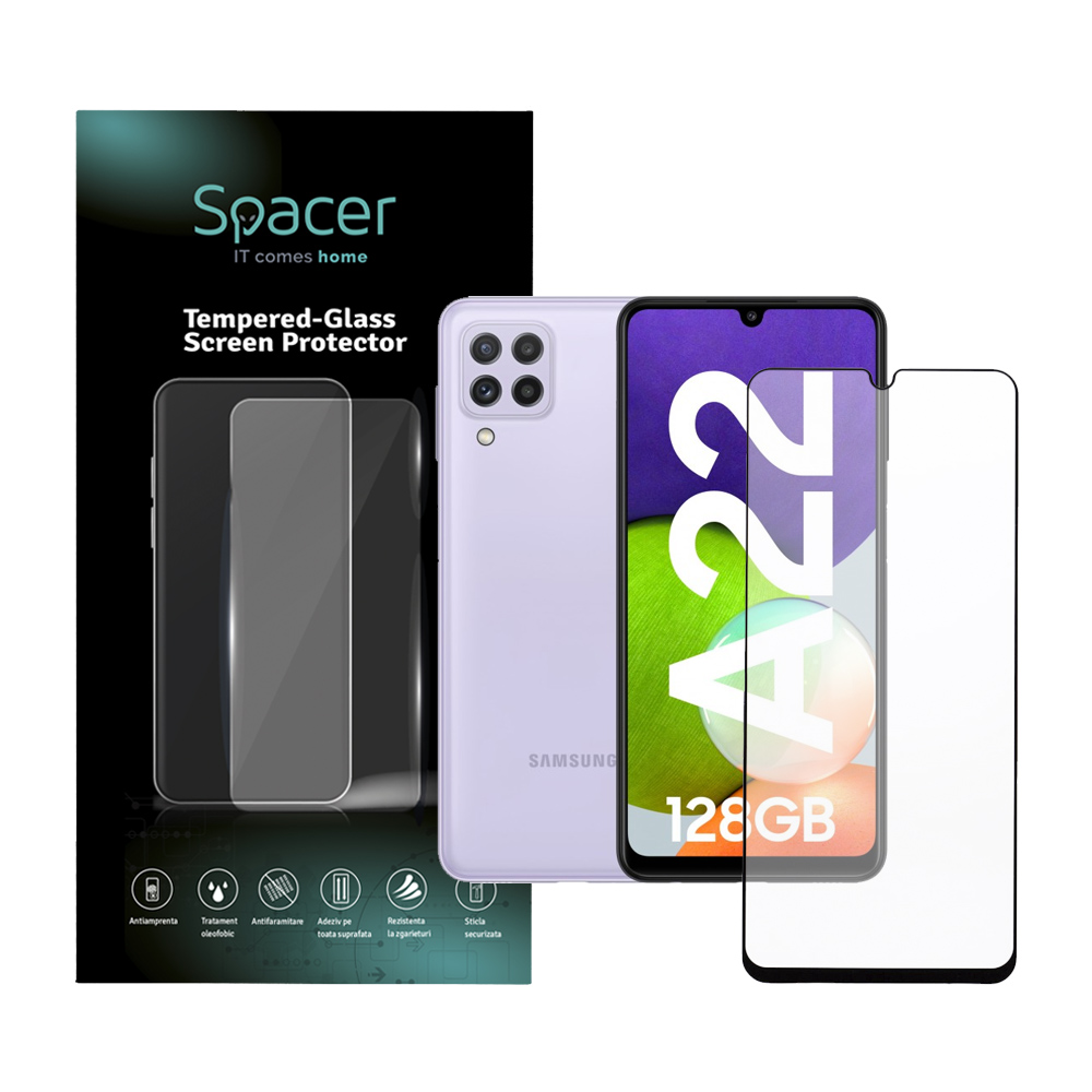FOLIE STICLA Spacer pentru Samsung Galaxy A22 4G, grosime 0.3mm, acoperire totala ecran, strat special anti-ulei si anti-amprenta, Tempered Glass, sticla 9D, duritate 9H "SPPG-SM-GX-A224G-TG"