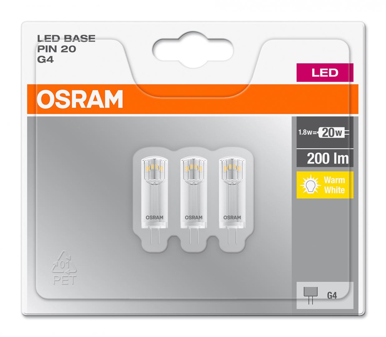 SET 3 becuri LED Osram, soclu G4, putere 1.8W, forma plat, lumina alb calda, alimentare 220 - 240 V, "000004058075093935" (timbru verde 1.35 lei)