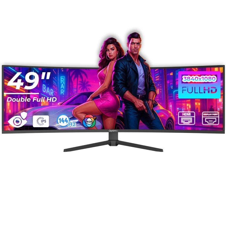 Monitor LED Gaming Curbat 49 inch OptimX MT49j, Double Full HD 3840 x 1080, 144Hz, 2x HDMI, 2x DisplayPort, No Frame, RGB Light "75259" (timbru verde 7 lei)