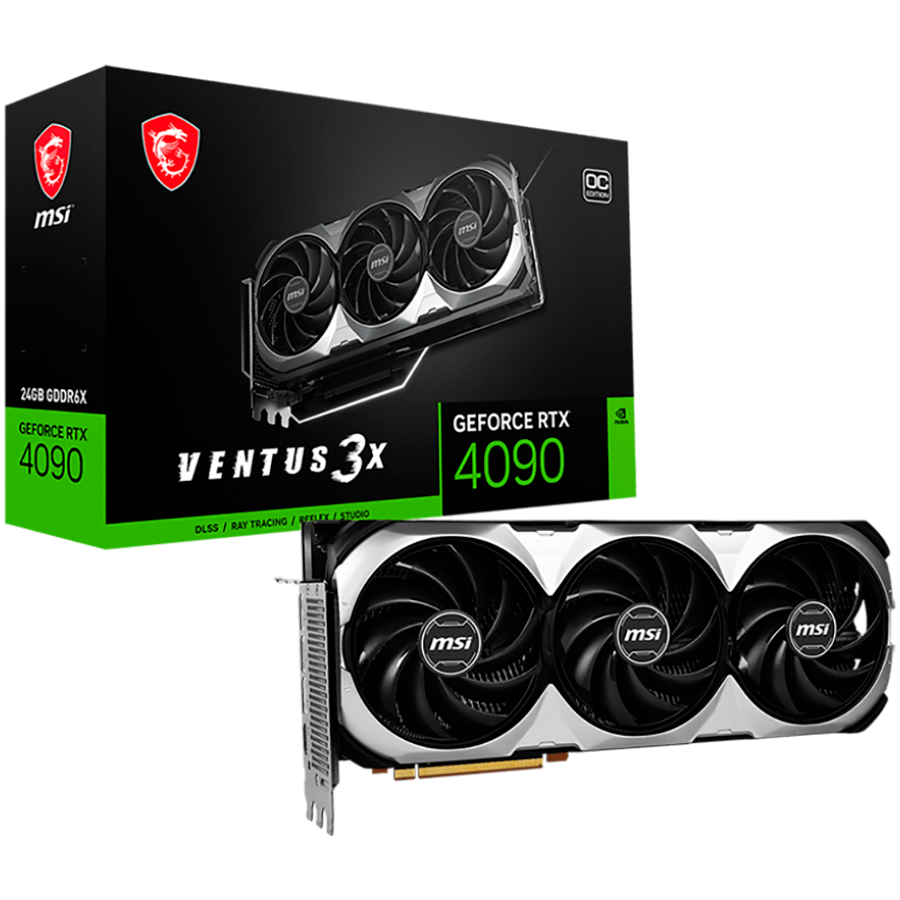 MSI Video Card NVidia GeForce RTX 4090 VENTUS 3X 24G OC, 24GB GDDR6X, 384-bit, 2550 MHz, 16384 CUDA Cores, PCIe 4.0, 3xDP, HDMI, Triple Fan, 850W Recomm PSU, 3Y "RTX_4090_VENTUS_3X_24G_OC"