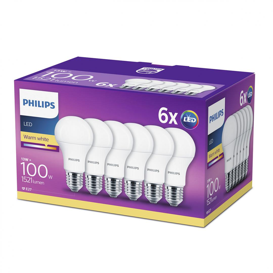 SET 6 becuri LED Philips, soclu E27, putere 13W, forma clasic, lumina alb calda, alimentare 220 - 240 V, "000008718696586273" (timbru verde 2.7 lei)