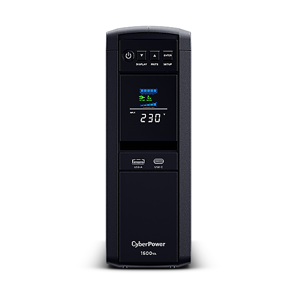 UPS CYBER POWER Line Int. cu sin. pura, cu management, Tower, LCD, 1600VA/1000W, AVR, 6x Schuko, baterie 2x 12V/9Ah, incarcare pana la 8h, USB, incarcare USB-A/USB-C, 2x RJ45, RS232, slot SNMP, APFC, GreenPower, "CP1600EPFCLCD" (timbru verde 11 lei)