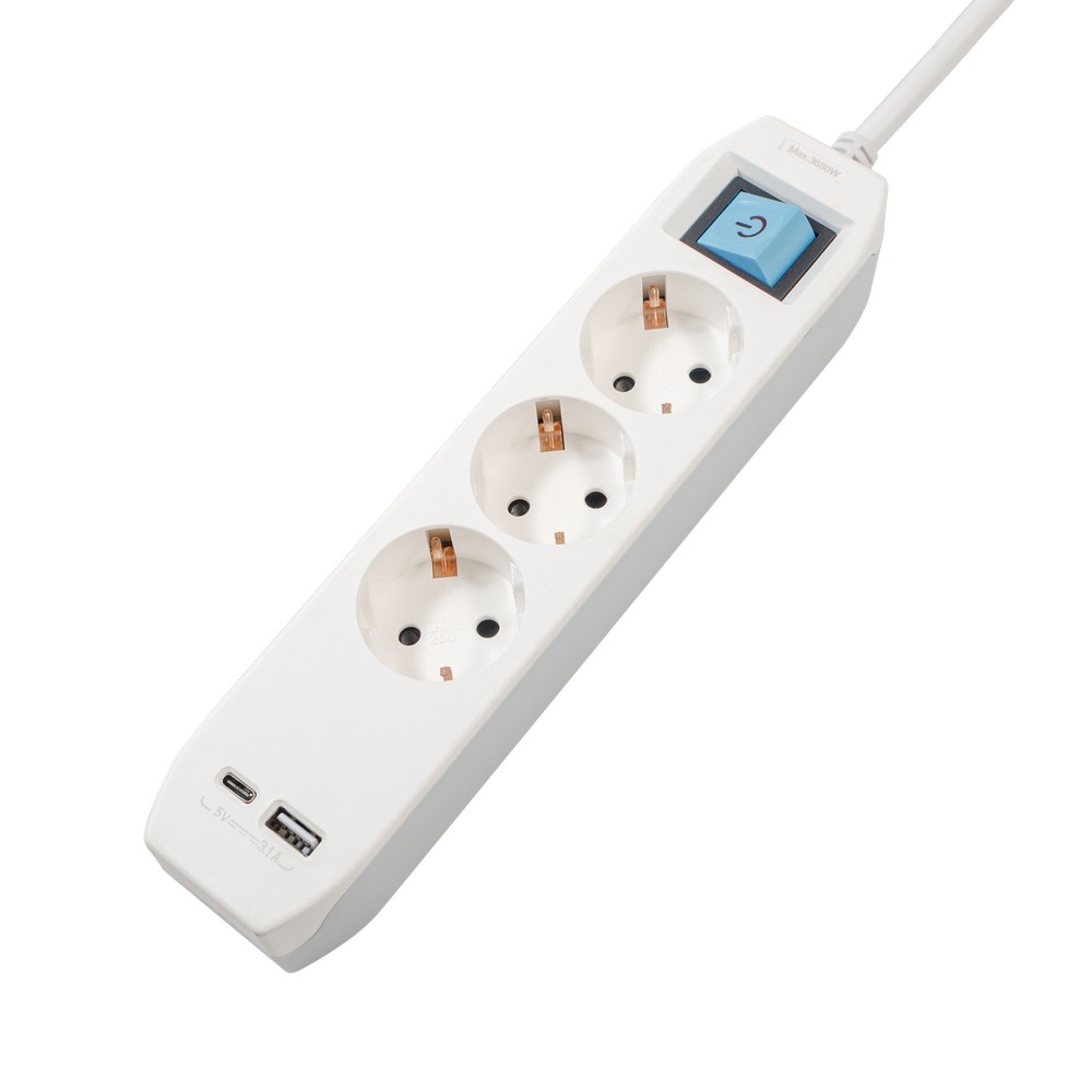 PRELUNGITOR SPACER, Schuko x 3, conectare prin Schuko (T),Type-C x1, USB x 1, 3.1A, cablu 3m, 16 A, max. 3500W, protectie copii, Intrerupator, Gri-Alb, "PP-3-30-TC-USB" 45507256 (timbru verde 0.18 lei)