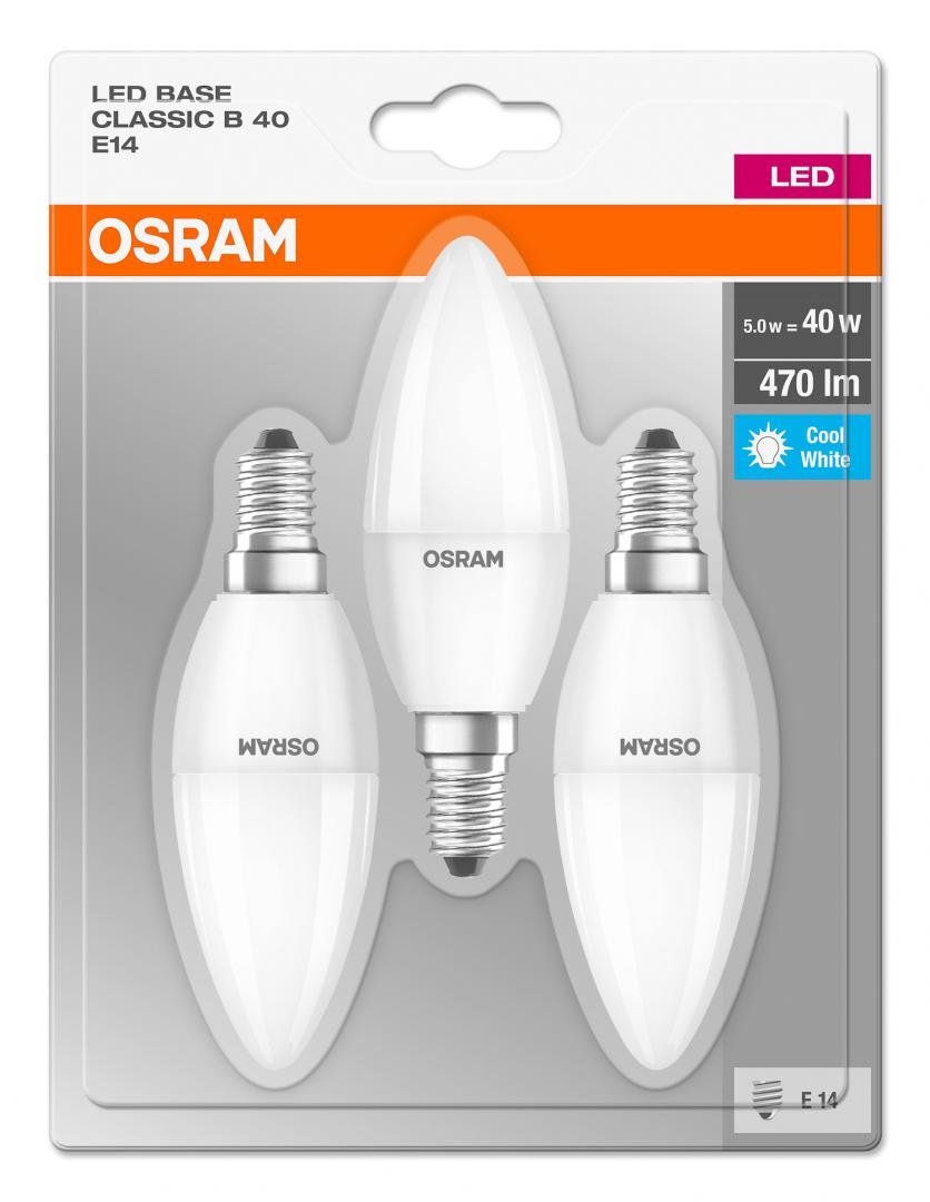 SET 3 becuri LED Osram, soclu E14, putere 5W, forma lumanare, lumina alb, alimentare 220 - 240 V, "000004052899972674" (timbru verde 1.35 lei)