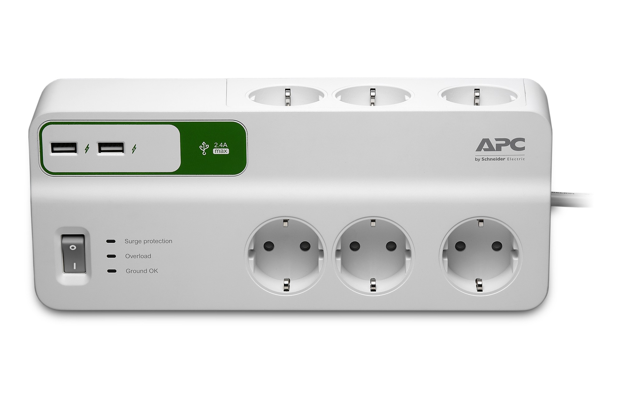 PRELUNGITOR APC, Schuko x 6, conectare prin Schuko (T), USB x 2, cablu 2 m, 10 A, protectie supratensiune, alb, "PM6U-GR" (timbru verde 0.18 lei)