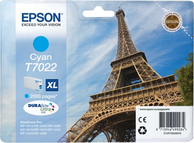 Cartus Cerneala Original Epson Cyan, T7022, pentru WP4000|4500, , (timbru verde 0.15 lei), "C13T70224010"