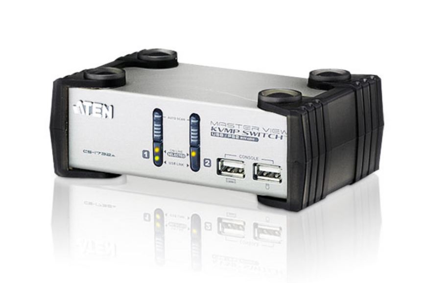 SWITCH KVM si HUB USB ATEN, control 2 PC la 1 KVM, conector 1: SPHD-15 (M) x 2, 3.5 mm Jack (M) x 4; conector 2: USB (M) x 4, VGA (M), 3.5 mm Jack (M) x 2, "CS1732AC-AT" (timbru verde 0.8 lei)