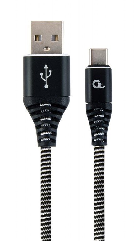 CABLU alimentare si date GEMBIRD, pt. smartphone, USB 2.0 (T) la USB 2.0 Type-C (T), 1m, premium, cablu cu impletire din bumbac, negru cu insertii albe, "CC-USB2B-AMCM-1M-BW" (timbru verde 0.08 lei)