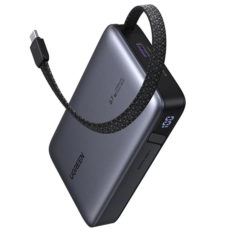POWER BANK Ugreen "PB550", 20000mAh, 67W PD3.0, 1 x USB, 1 x USB Type-C, 1 x USB Type-C integrat, display, gri, "55996B" (timbru verde 0.98 lei)