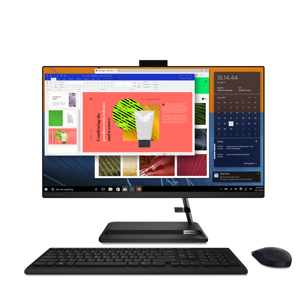 DESKTOP LENOVO, "IdeaCentre 3" All-in-one, 27 inch, CPU Ryzen 5 5500U, AMD Radeon Graphics, memorie 8 GB, SSD 512 GB, tastatura si mouse, FreeDos, "F0FY0064RI" (timbru verde 10 lei)
