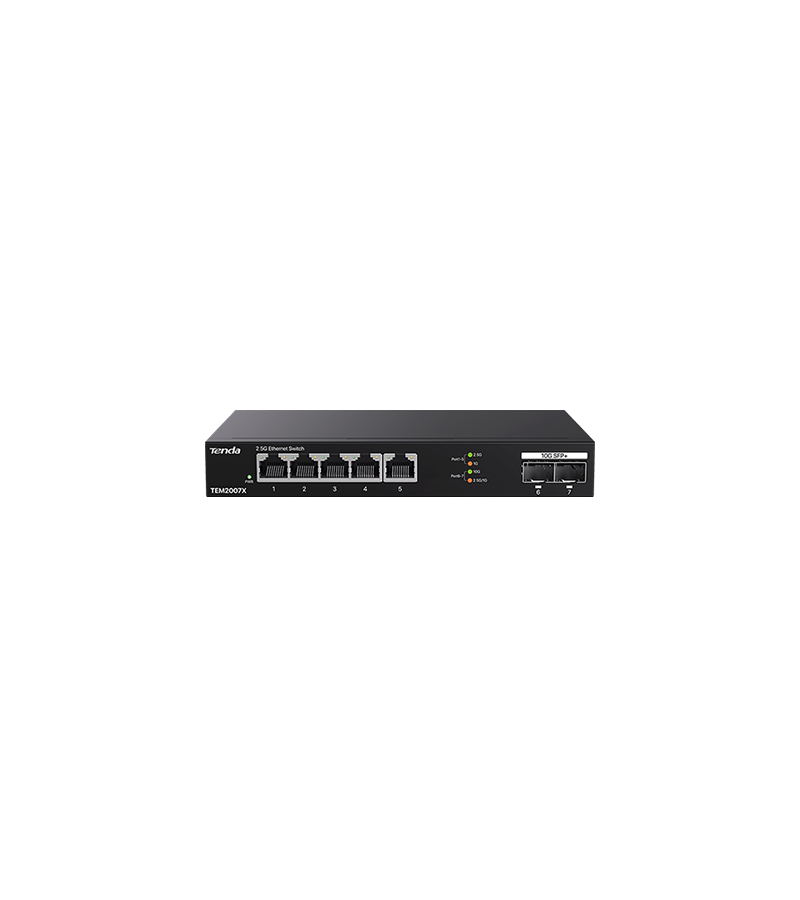 SWITCH Tenda fara management, 5 porturi Ethernet 2.5 Gbps si 2 sloturi SFP+ 10 Gbps, carcasa metalica, rackabil "TEM2007X" (timbru verde 2 lei)