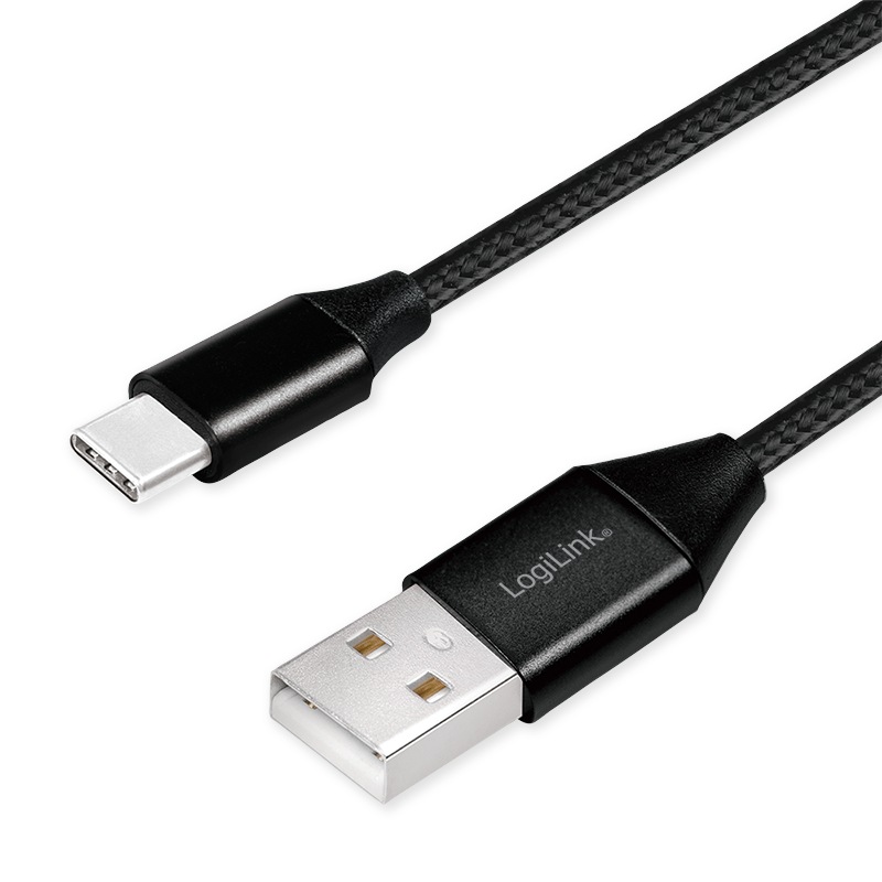 CABLU alimentare si date LOGILINK, pt. smartphone, USB 2.0 (T) la USB 2.0 Type-C (T), 1m, premium, cablu cu impletire din bumbac, negru, "CU0140" (timbru verde 0.08 lei)