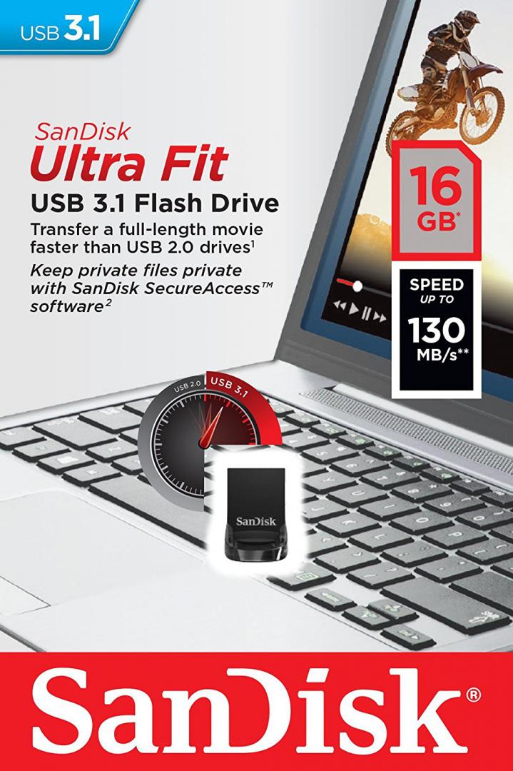 MEMORIE USB 3.1 SANDISK 16 GB, profil mic, carcasa plastic, negru, "SDCZ430-016G-G46" (timbru verde 0.03 lei)