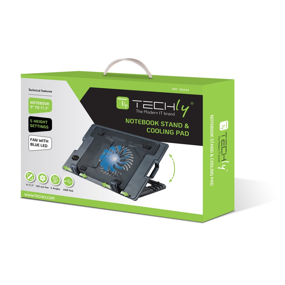 Suport pentru laptop cu sistem de racire, ergonomic, reglabil, iluminat led, 17.3 inch maxim, Negru, Techly, ICOOL-CP12TY "ICOOL-CP12TY" - imagine 2