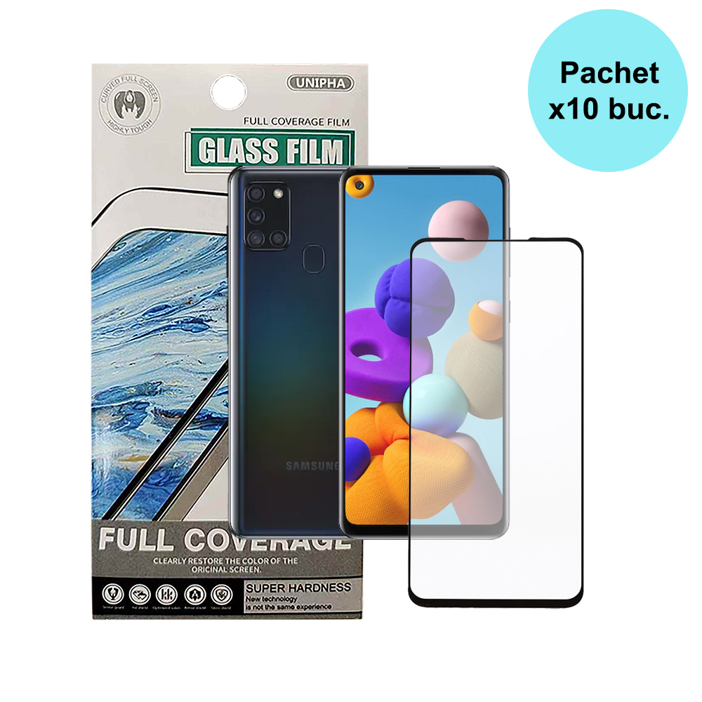 FOLIE STICLA Spacer pentru Samsung Galaxy A21S contine 10 bucati, grosime 0.3mm, acoperire totala ecran, strat special anti-ulei si anti-amprenta, Tempered Glass, sticla 9D, duritate 9H "SPPG-SM-GX-A21S-TG-10"