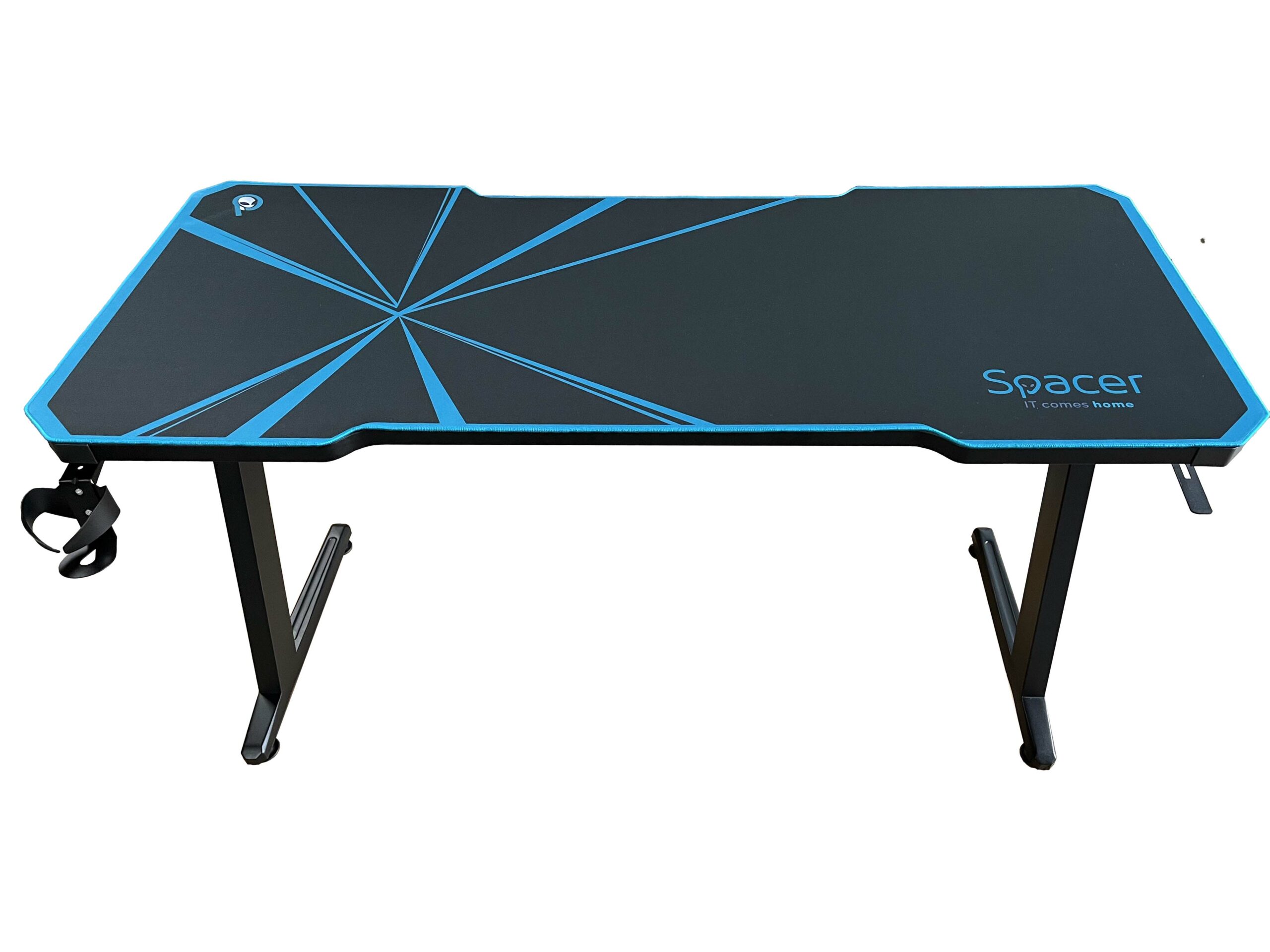 BIROU GAMING Spacer, dimensiuni 1400 x 600 x 18 mm, blat MDF invelit in fibra de carbon cu mousepad pe toata suprafata, suport casti si cana metalice, picioare reglabile manual, RGB, telecomanda wireless "SPGD-RGB-140-02" (timbru verde 0.45 lei)