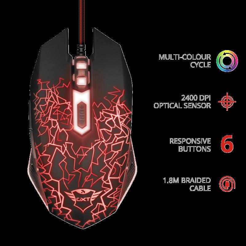MOUSE TRUST, "GXT 105 Izza", gaming, cu fir, USB, optic, 2400 dpi, butoane/scroll 6/1, iluminare, buton selectare viteza, negru, "TR-21683" (timbru verde 0.18 lei)