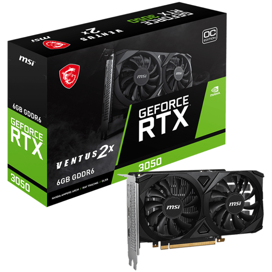 MSI Video Card Nvidia GeForce RTX 3050 VENTUS 2X E 6G OC, 6GB GDDR6, 96bit, Boost: 1492 MHz, PCIe 4.0, 1x DP 1.4a, 2xHDMI 2.1a, RAY TRACING, Dual Fan, 300W, 3Y "RTX_3050_VENTUS_2X_E_6G_OC"
