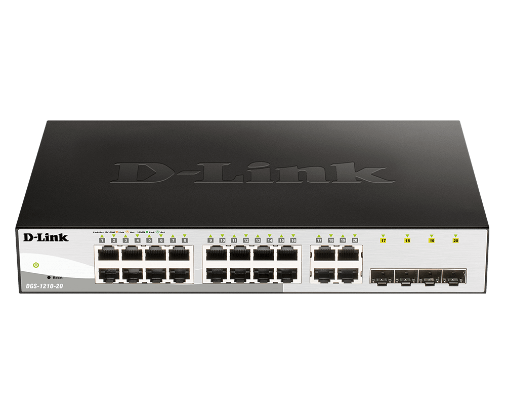 SWITCH D-LINK SMART 16 porturi Gigabit + 4 porturi combo SFP, carcasa metalica, rackabil, "DGS-1210-20" (timbru verde 2 lei)