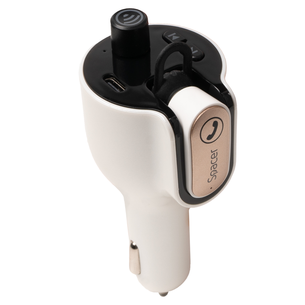 MODULATOR AUTO FM SPACER cu casca Bluetooth 5.0, 1xUSB QC3.0 + Type-C; 1xUSB max. 5V/3.1A, earphone 30mAh, 12V-24V, max. 10-15m, mic max. 0-2m, format MP3/WMA, 206 canale 87.5-108Mhz, USB disk, white, "SPFM-HS1-QC" (timbru verde 0.18 lei)