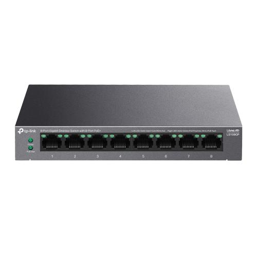SWITCH TP-LINK, 8 porturi Gigabit (8 porturi POE+ buget total 62W), carcasa metalica "LS108GP" (timbru verde 2 lei)