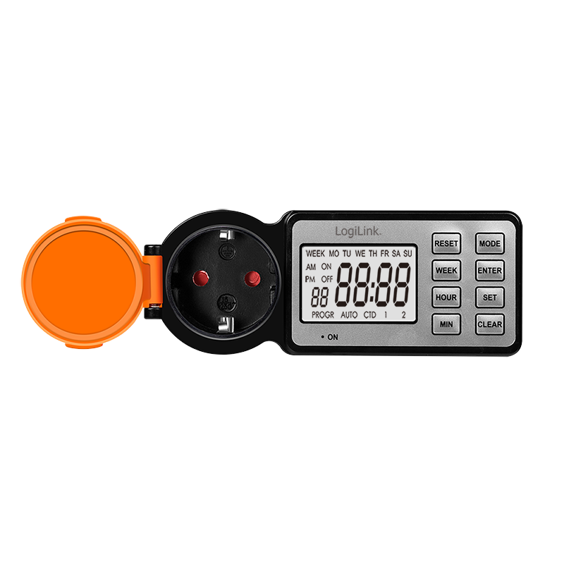 PRELUNGITOR LOGILINK, Schuko x 1, 230 V/16 A, 50 Hz, max. 3500 W, timer, LCD, 8 butoane operare, IP44, de exterior, negru-portocaliu, "ET0016" (timbru verde 0.18 lei)