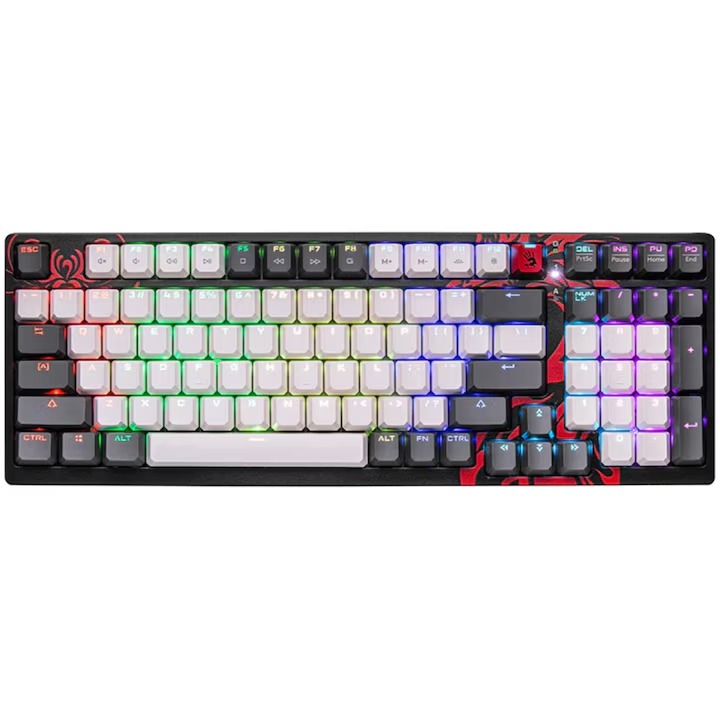 TASTATURA A4TECH - gaming, "Bloody co-branded Naraka", cu fir 1.8m, 106 taste, multimedia , iluminare, USB, negru, "S98" (timbru verde 0.8 lei)