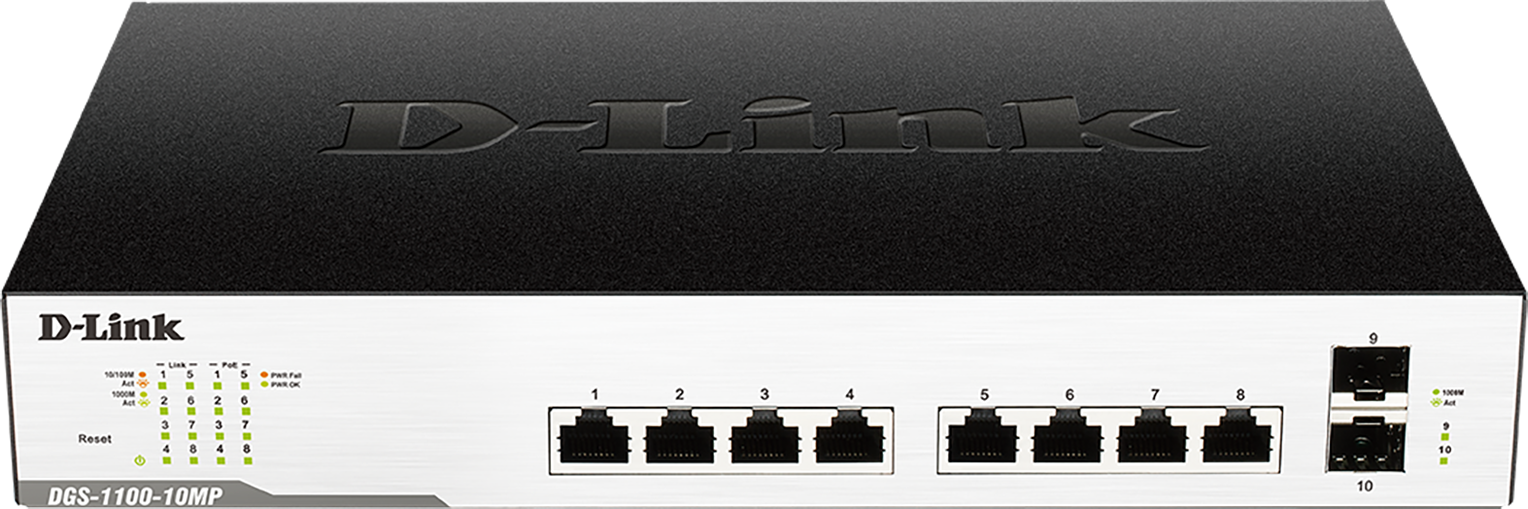 SWITCH PoE D-LINK Smart 8 porturi Gigabit (8 PoE) + 2 porturi SFP, IEEE 802.3af/at, carcasa metalica, rackabil "DGS-1100-10MP"(timbru verde 2 lei)