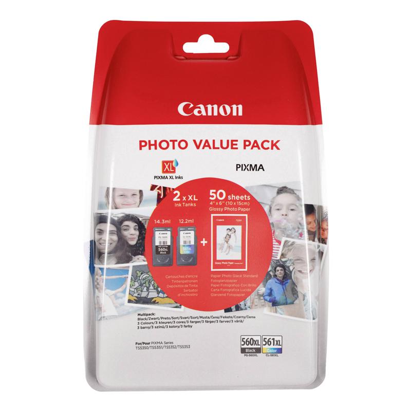 Combo-Pack Original Canon Black/Color, PG-560XL/CL-561XL, pentru Pixma TS5350|TS5351|TS5352, 400/300, (timbru verde 0.3 lei), "3712C004AA"