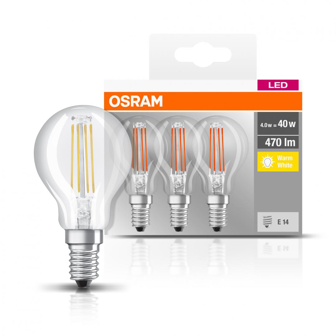 SET 3 becuri LED Osram, soclu E14, putere 4W, forma clasic, lumina alb calda, alimentare 220 - 240 V, "000004058075819337" (timbru verde 1.35 lei)