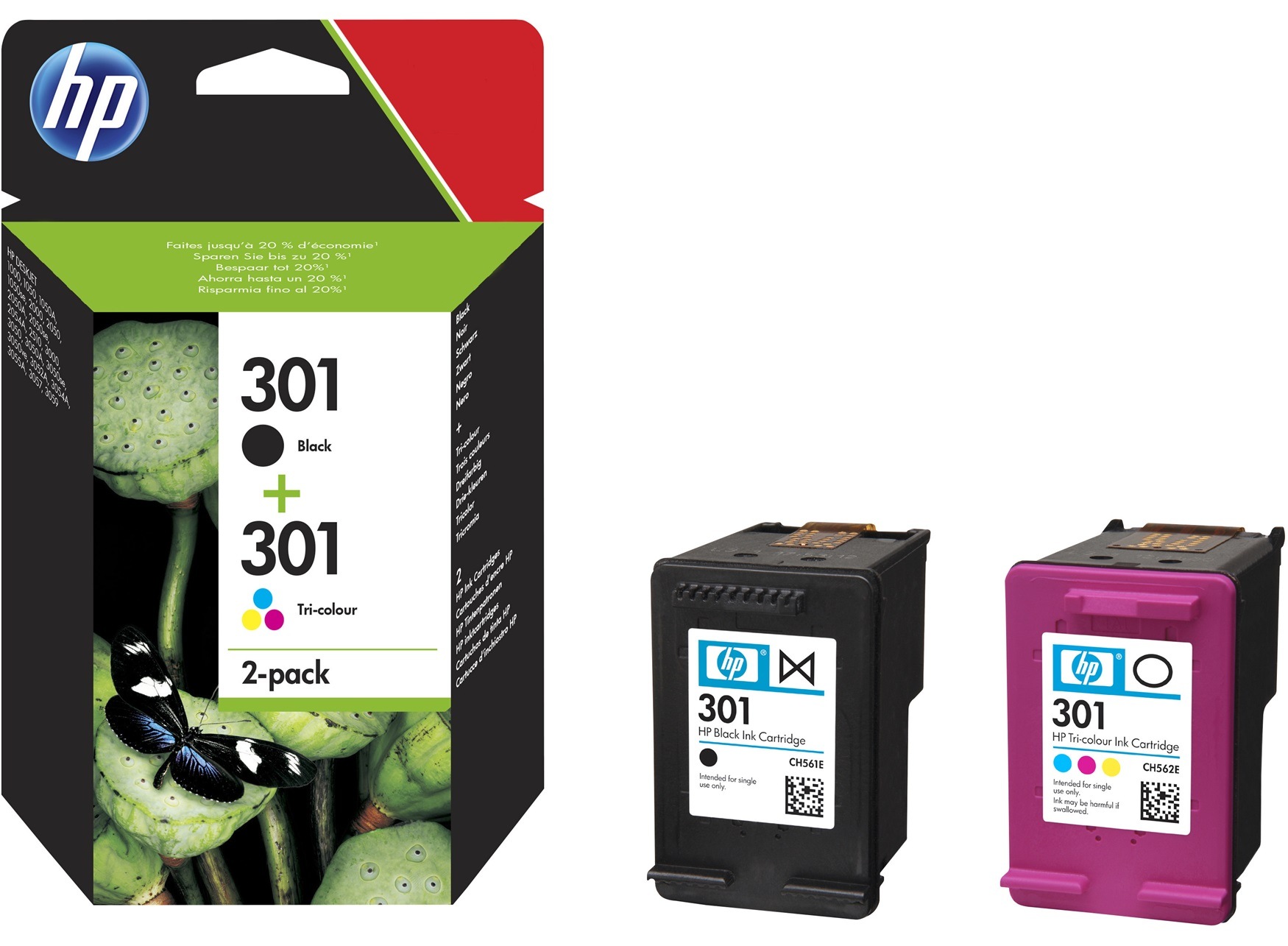 Combo-Pack Original HP Black/Color, nr.301, pentru Deskjet 1000|1050|1510|2000|2050|2054|3000|3050|3054|OfficeJet 4630, , (timbru verde 0.3 lei), "N9J72AE"