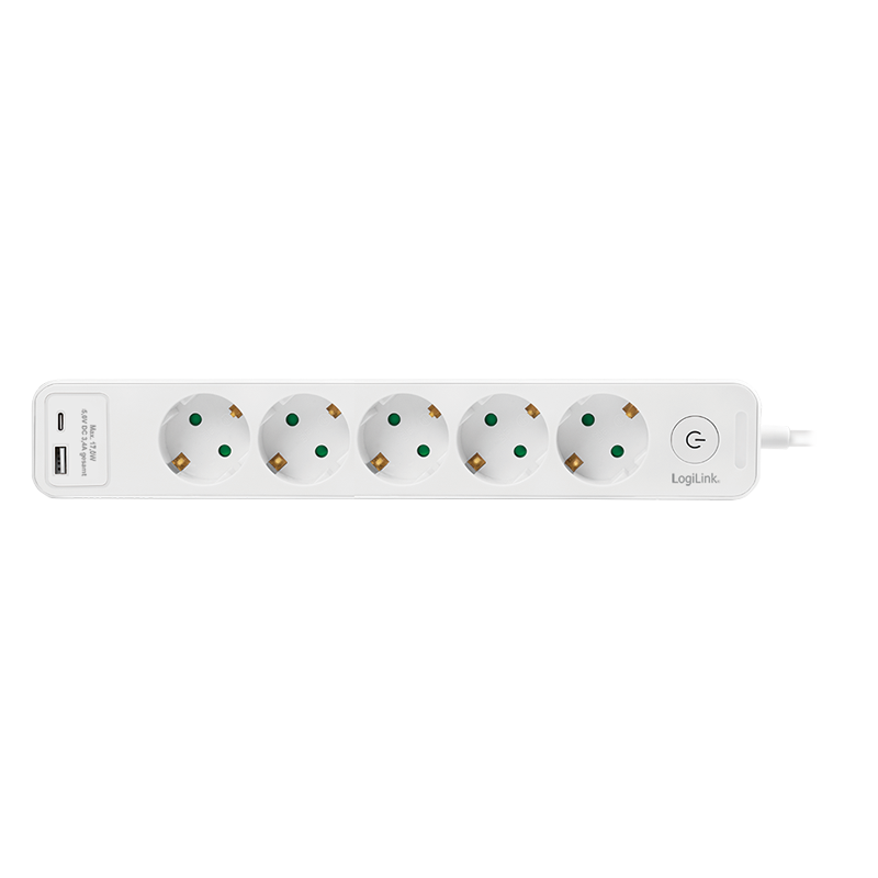 PRELUNGITOR LOGILINK, Schuko x 5, conectare prin Schuko (T), ON/OFF, 16 A, 1xUSB-A, 1xUSB-C, cablu 1.5m, protectie IP20, alb, "LPS280U" (timbru verde 0.8 lei)