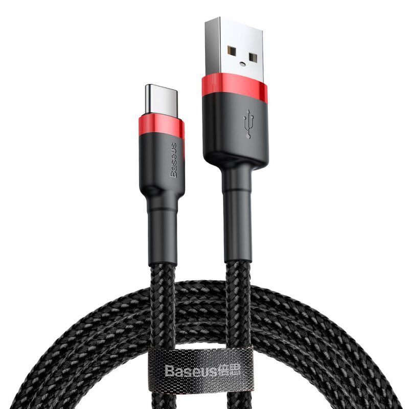 CABLU alimentare si date Baseus Cafule, Fast Charging Data Cable pt. smartphone, USB la USB Type-C 2A, 3m, rosu+negru "CATKLF-U91" (timbru verde 0.08 lei) - 6953156296350