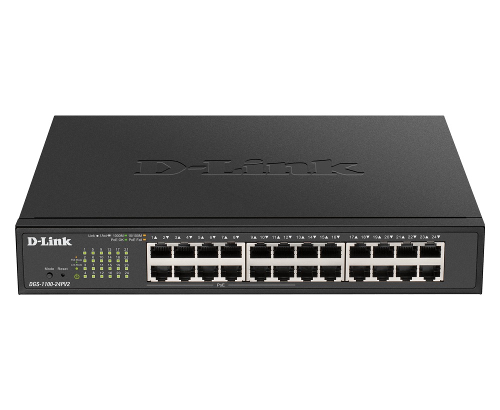 SWITCH PoE D-LINK Smart 24 porturi Gigabit (12 PoE), IEEE 802.3af/at, carcasa metalica, rackabil, "DGS-1100-24PV2" (timbru verde 2 lei)